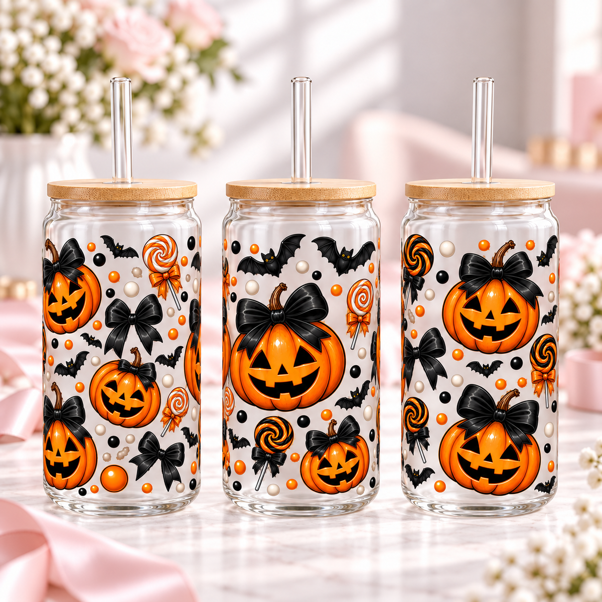 Jack-O'-Lantern & Black Bow Halloween Glass Can Tumbler — clear; complementary views of one product