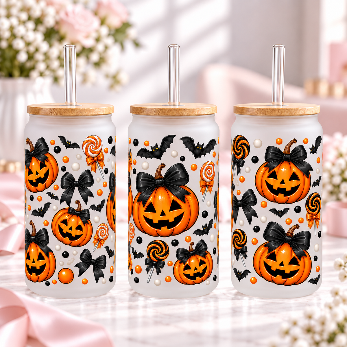 Jack-O'-Lantern & Black Bow Halloween Glass Can Tumbler — frosted; complementary views of one product