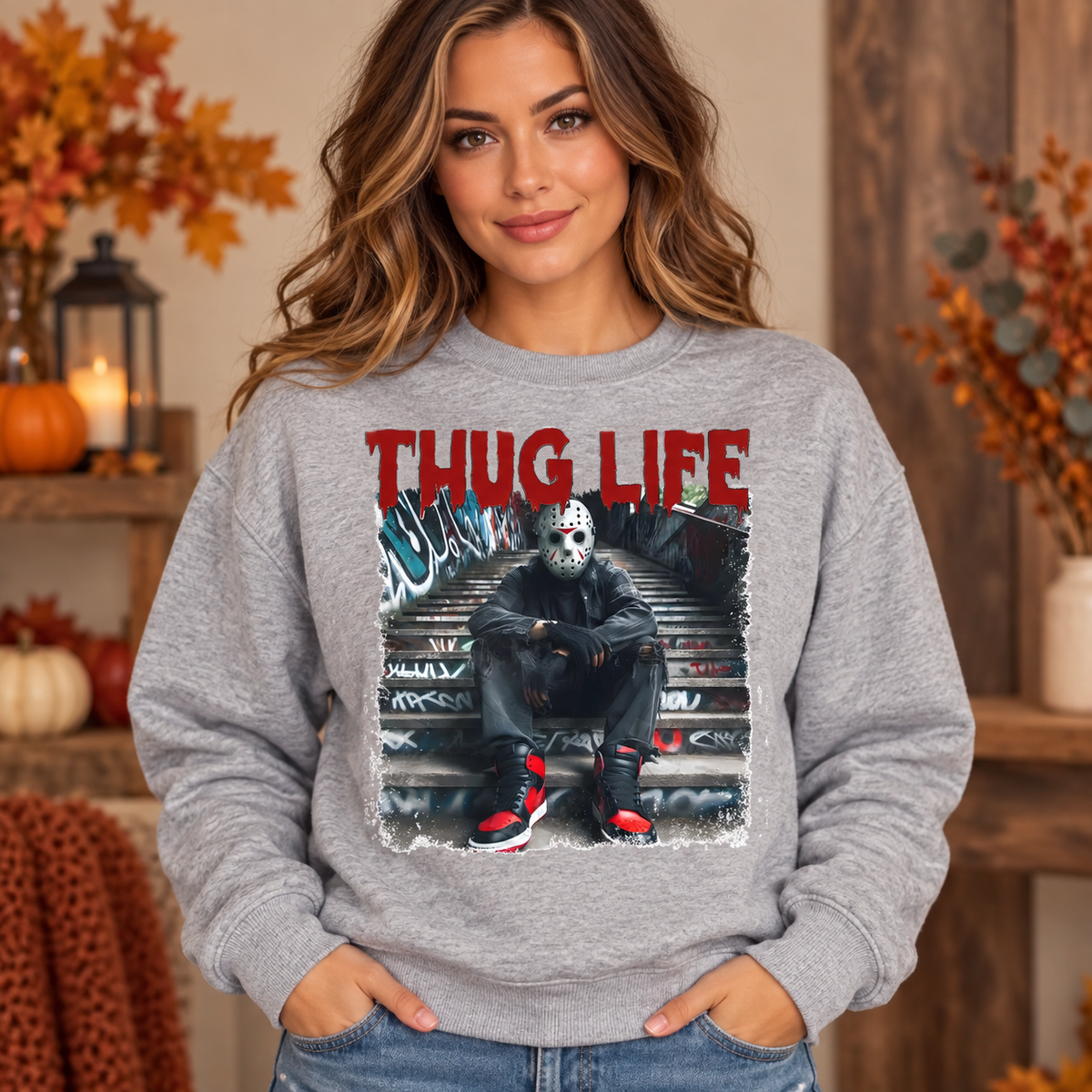 Jason Thug Life women’s grey crewneck mockup