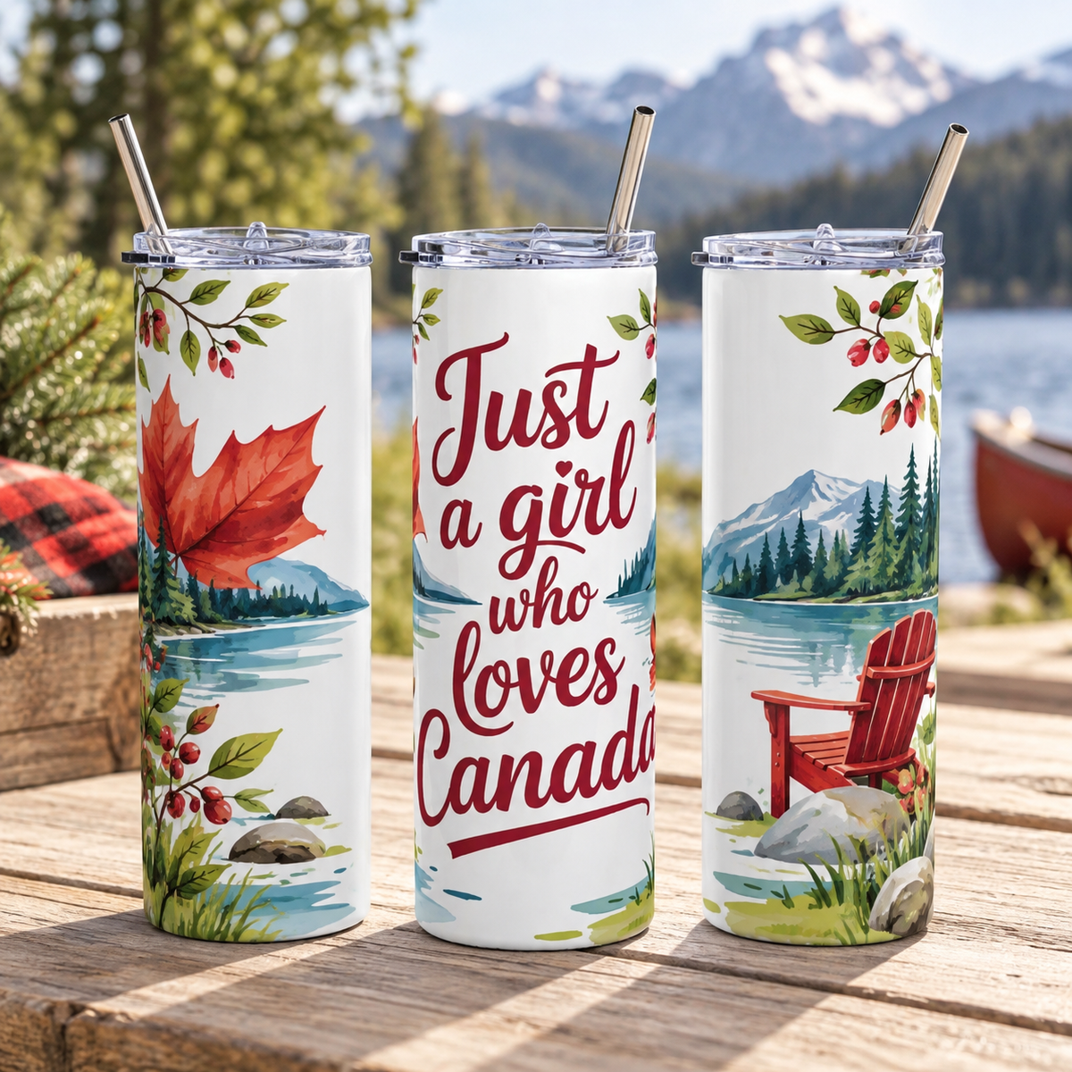 Just a Girl Who Loves Canada 20oz Tumbler – Canadian Pride Gift – three-tumbler realistic lifestyle mockup
