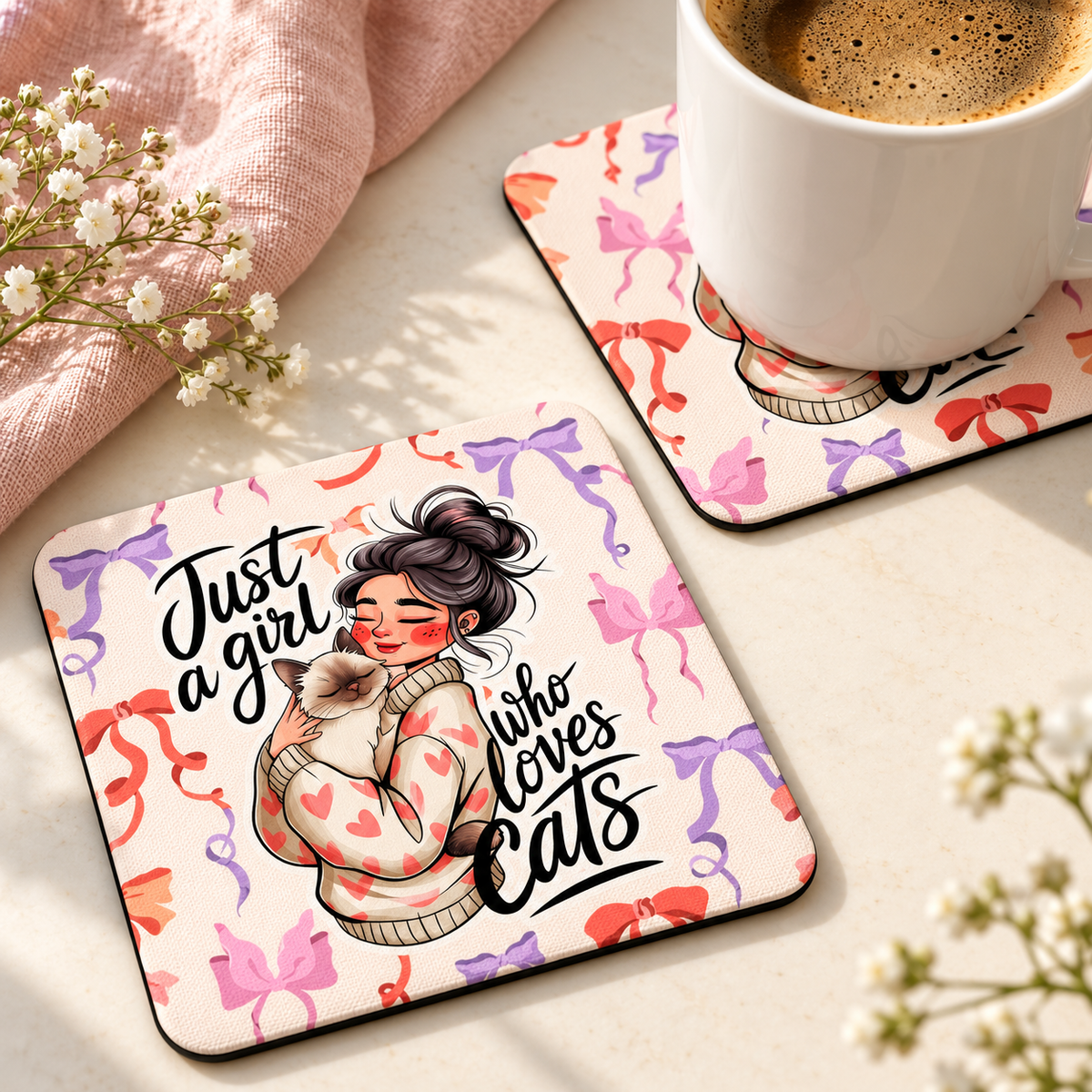 Just a Girl Who Loves Cats Square coaster set of two with thin black rubber backing