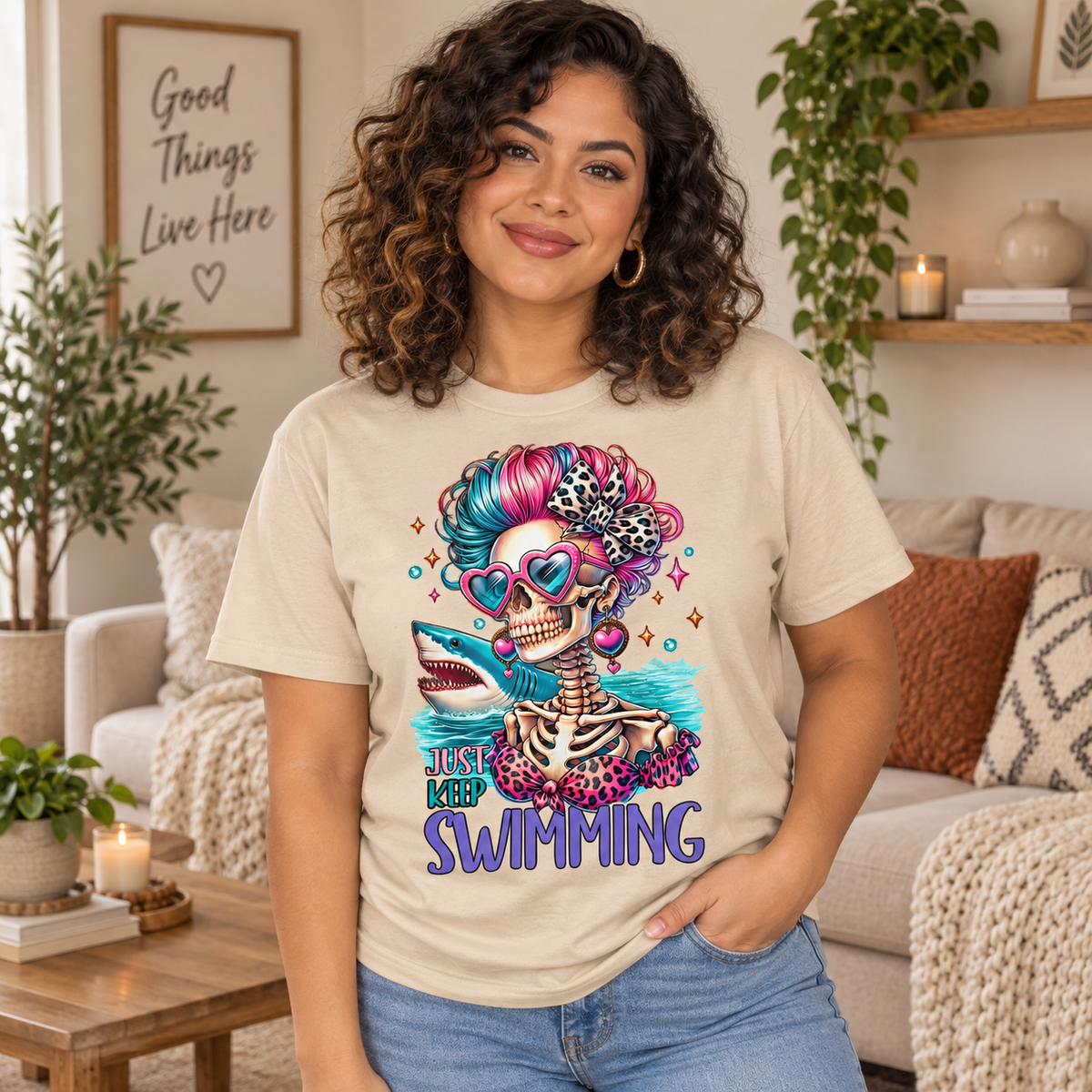 Just Keep Swimming Skeleton on Beige T-Shirt