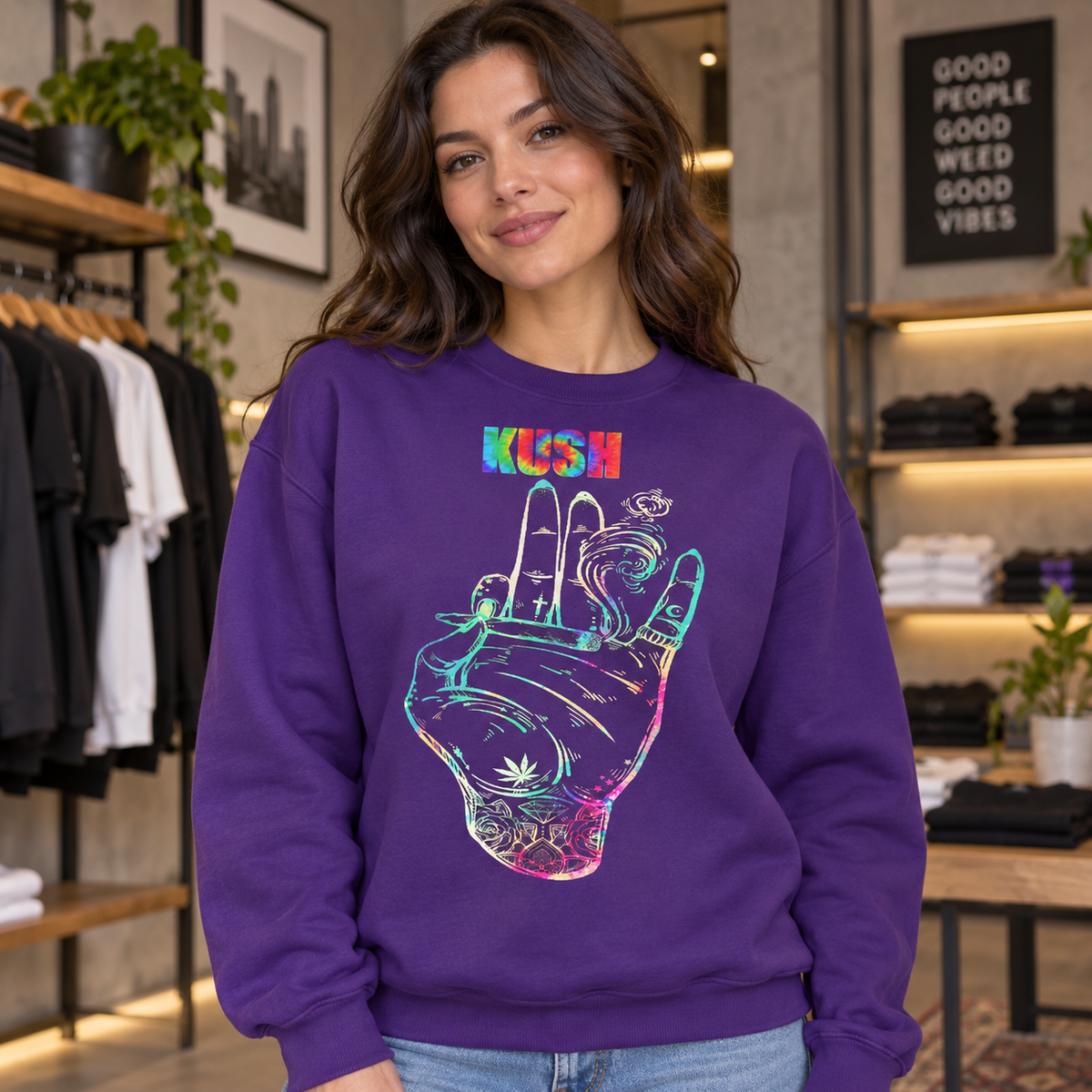 Kush Hand on Purple Crewneck