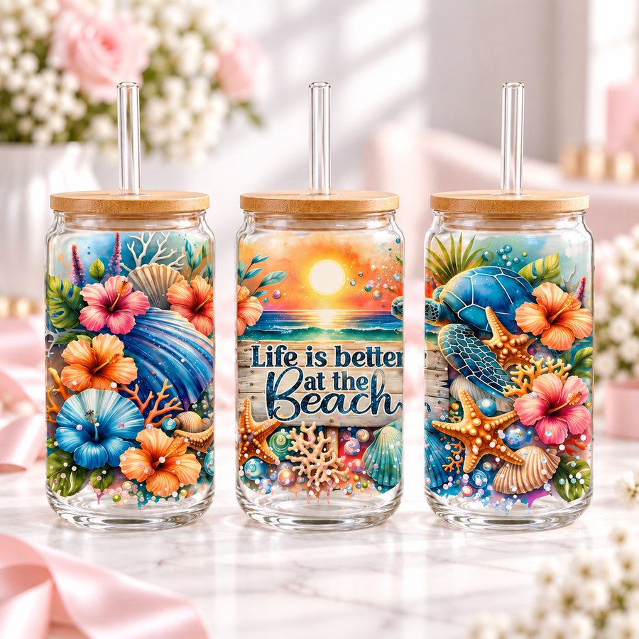 Life Is Better at the Beach Glass Can with Bamboo Lid & Glass Straw