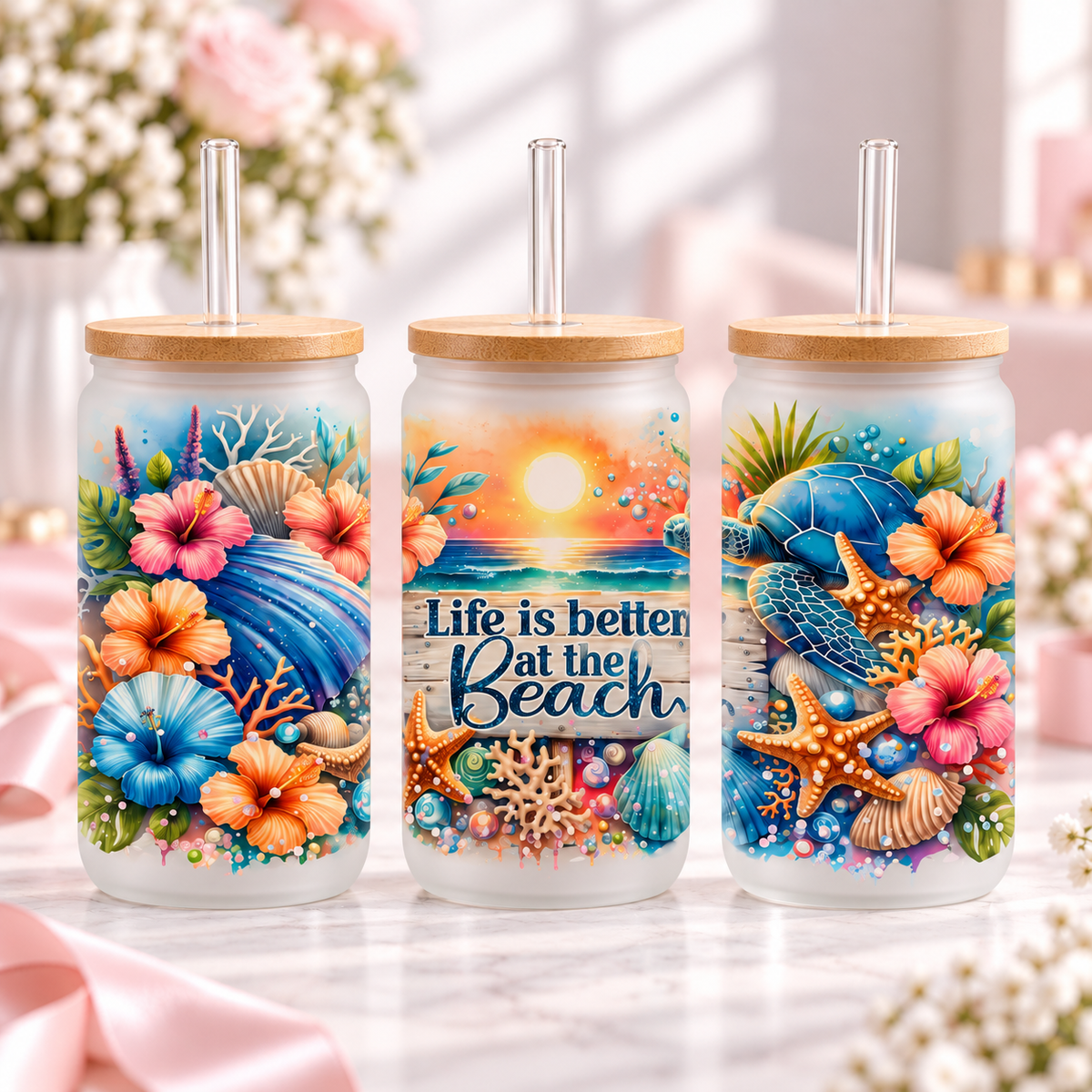 Life Is Better at the Beach Glass Can with Bamboo Lid & Glass Straw — frosted; complementary views of one product
