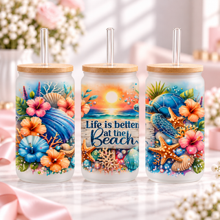 Life Is Better at the Beach Glass Can with Bamboo Lid & Glass Straw — frosted; complementary views of one product