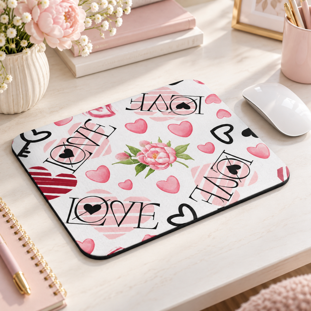 Love Pattern Mouse Pad – Hearts, Keys & Roses Desk Decor – realistic lifestyle mockup