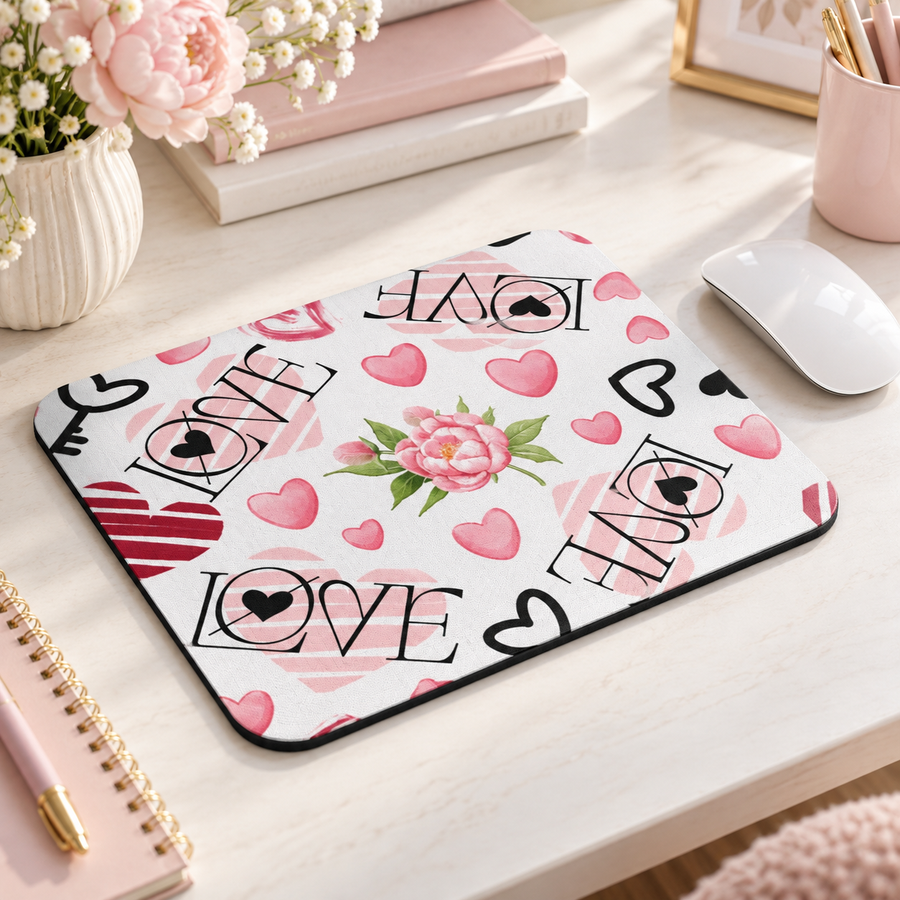 Love Pattern Mouse Pad – Hearts, Keys & Roses Desk Decor
