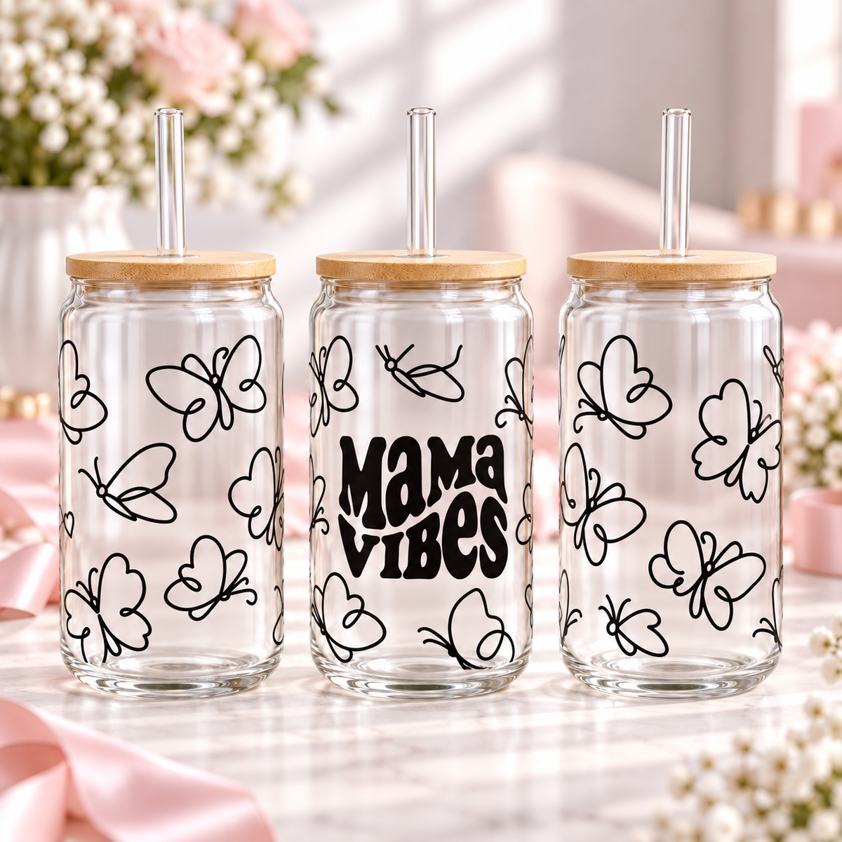 Mama Vibes & Butterflies clear 16oz glass can — three views; listing includes one cup