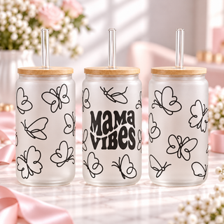 Mama Vibes & Butterflies frosted 16oz glass can — three views; listing includes one cup