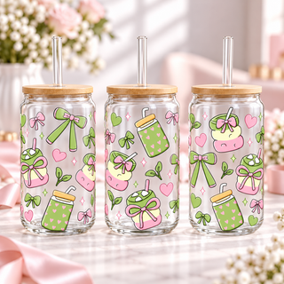 Matcha Bows & Hearts clear 16oz glass can — three views; listing includes one cup