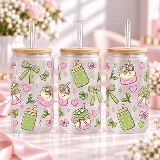 Matcha Bows & Hearts frosted 16oz glass can — three views; listing includes one cup