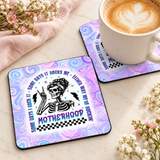 Motherhood Either Way We're Rockin' square coaster set of two with thin black rubber backing