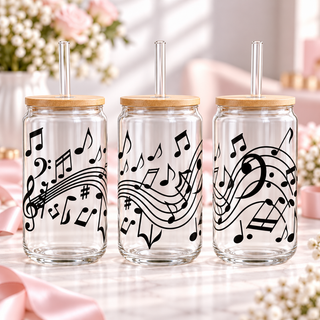 Musical Notes & Melody clear 16oz glass can — three views; one cup per purchase
