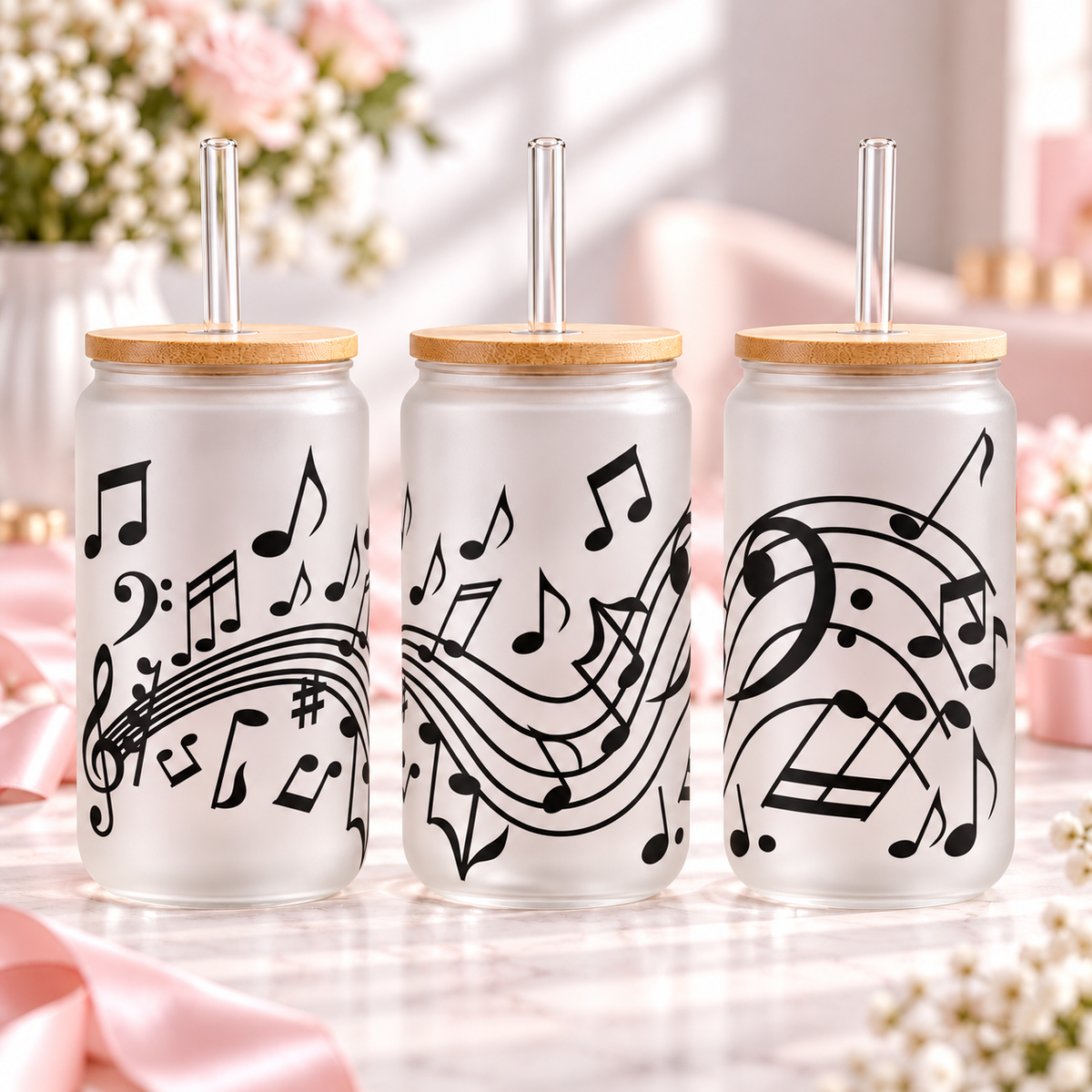 Musical Notes & Melody frosted 16oz glass can — three views; listing includes one cup