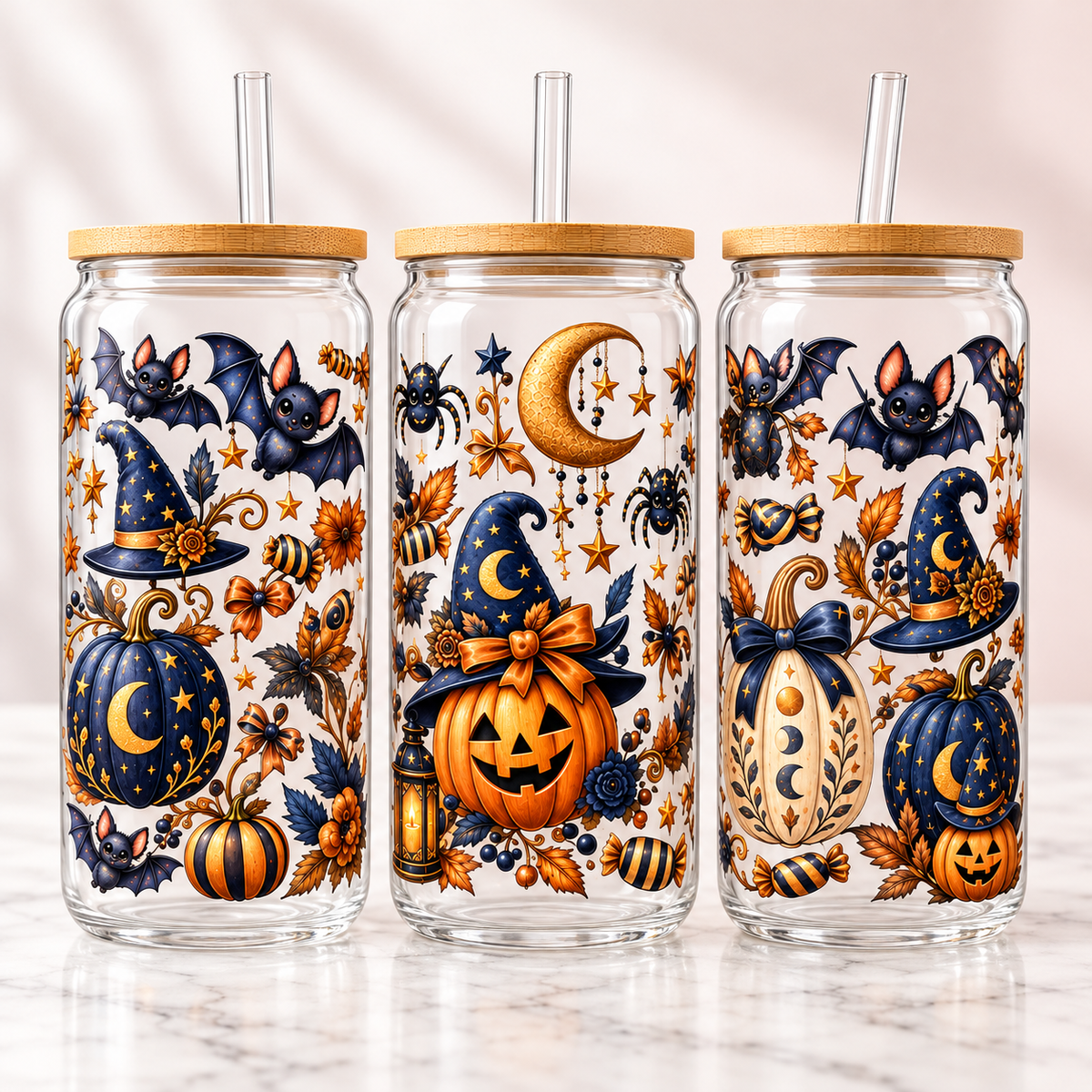 Navy & Gold Celestial Halloween Glass Can Tumbler — clear; complementary views of one product