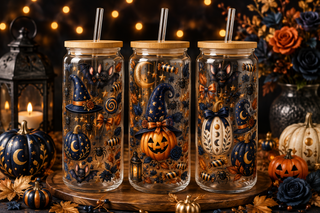 Navy & Gold Celestial Halloween Glass Can Tumbler – alternate lifestyle view