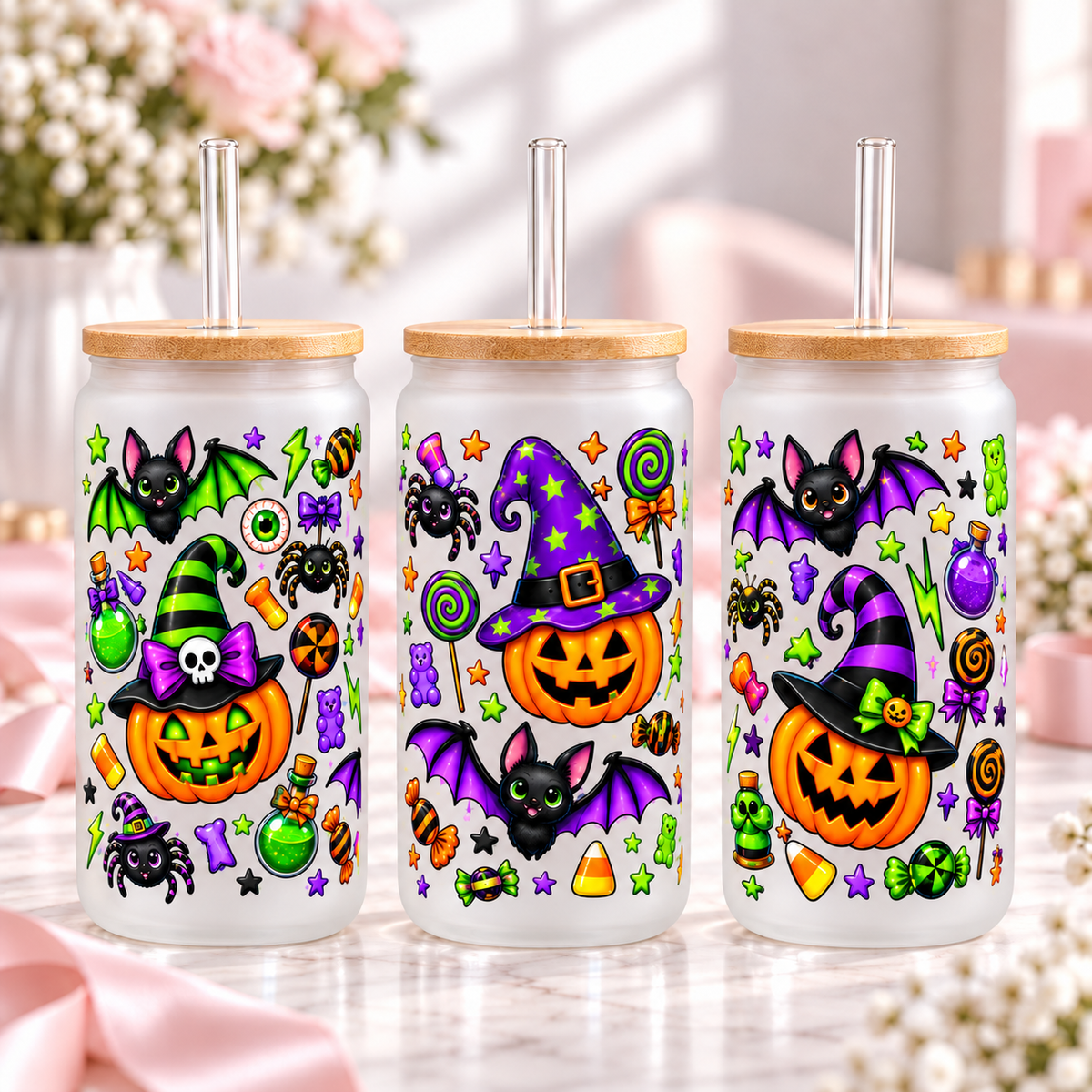Neon Purple & Green Halloween Glass Can Tumbler — frosted; complementary views of one product