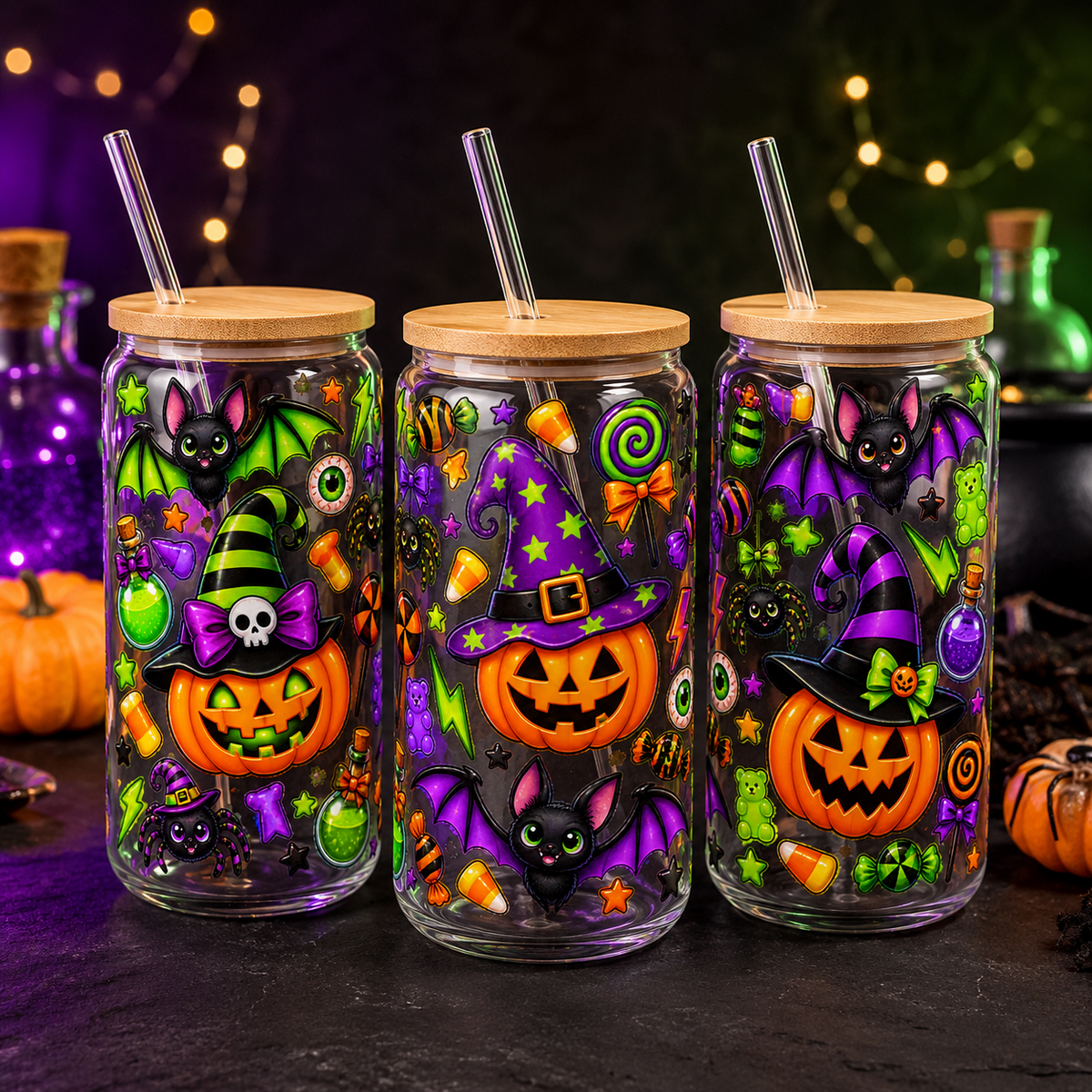 Neon Purple & Green Halloween Glass Can Tumbler – alternate lifestyle view