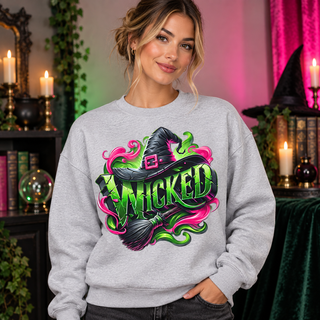Neon Wicked witch hat design on light grey crewneck model