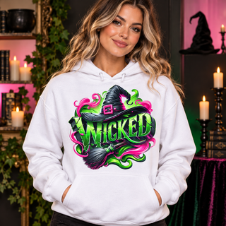 Neon Wicked witch hat design on white hoodie model