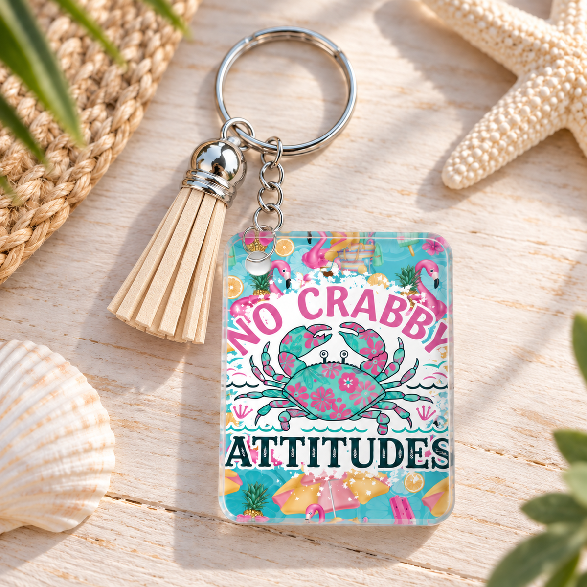 No Crabby Attitudes keychain with beige tassel