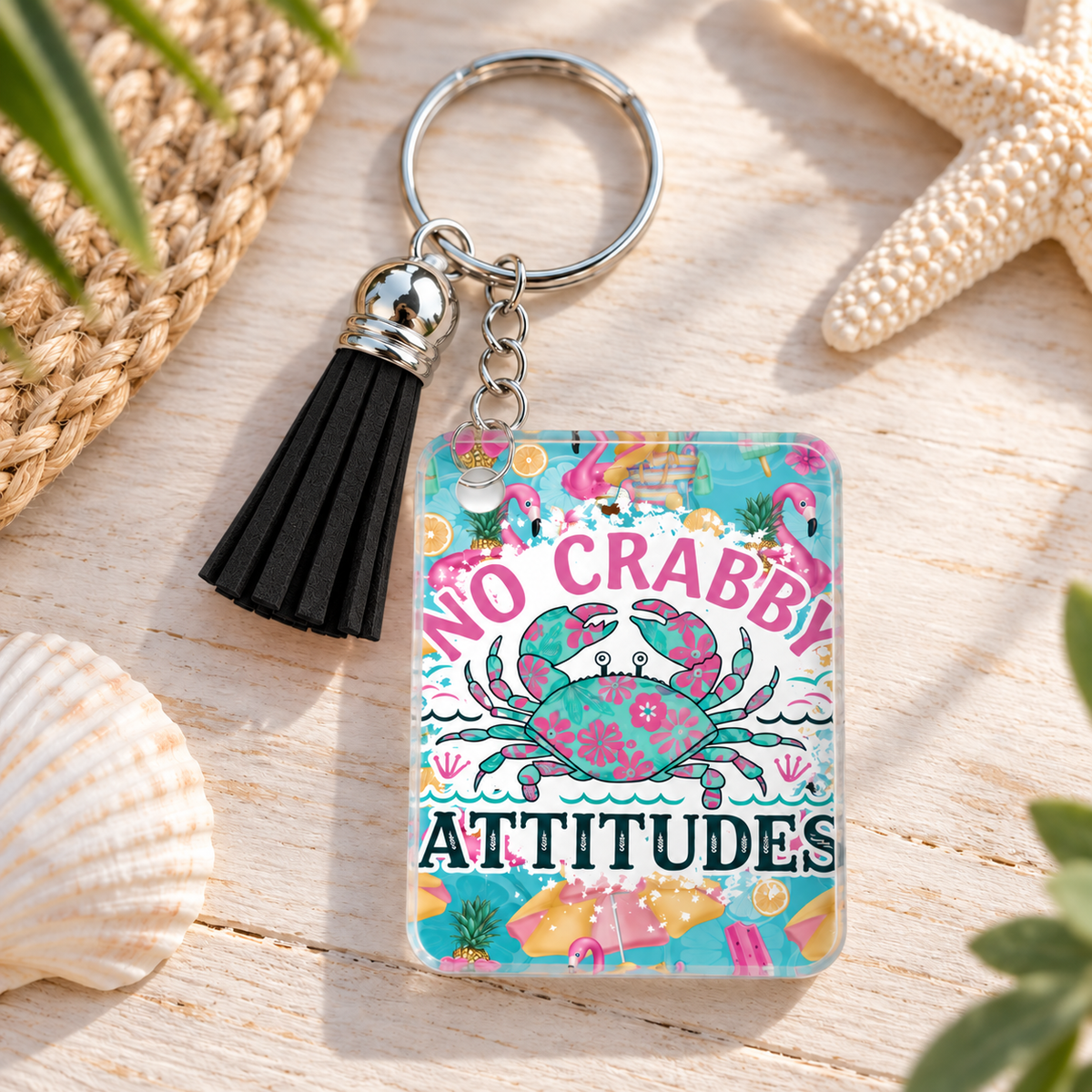 No Crabby Attitudes keychain with black tassel
