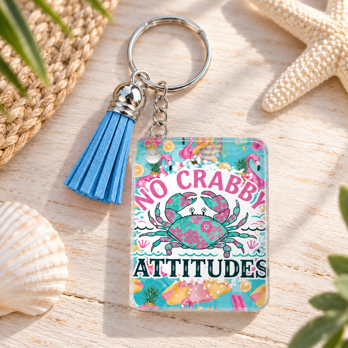 No Crabby Attitudes keychain with blue tassel