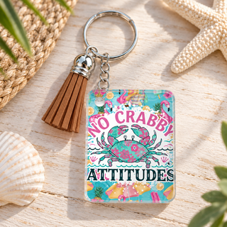 No Crabby Attitudes keychain with brown tassel