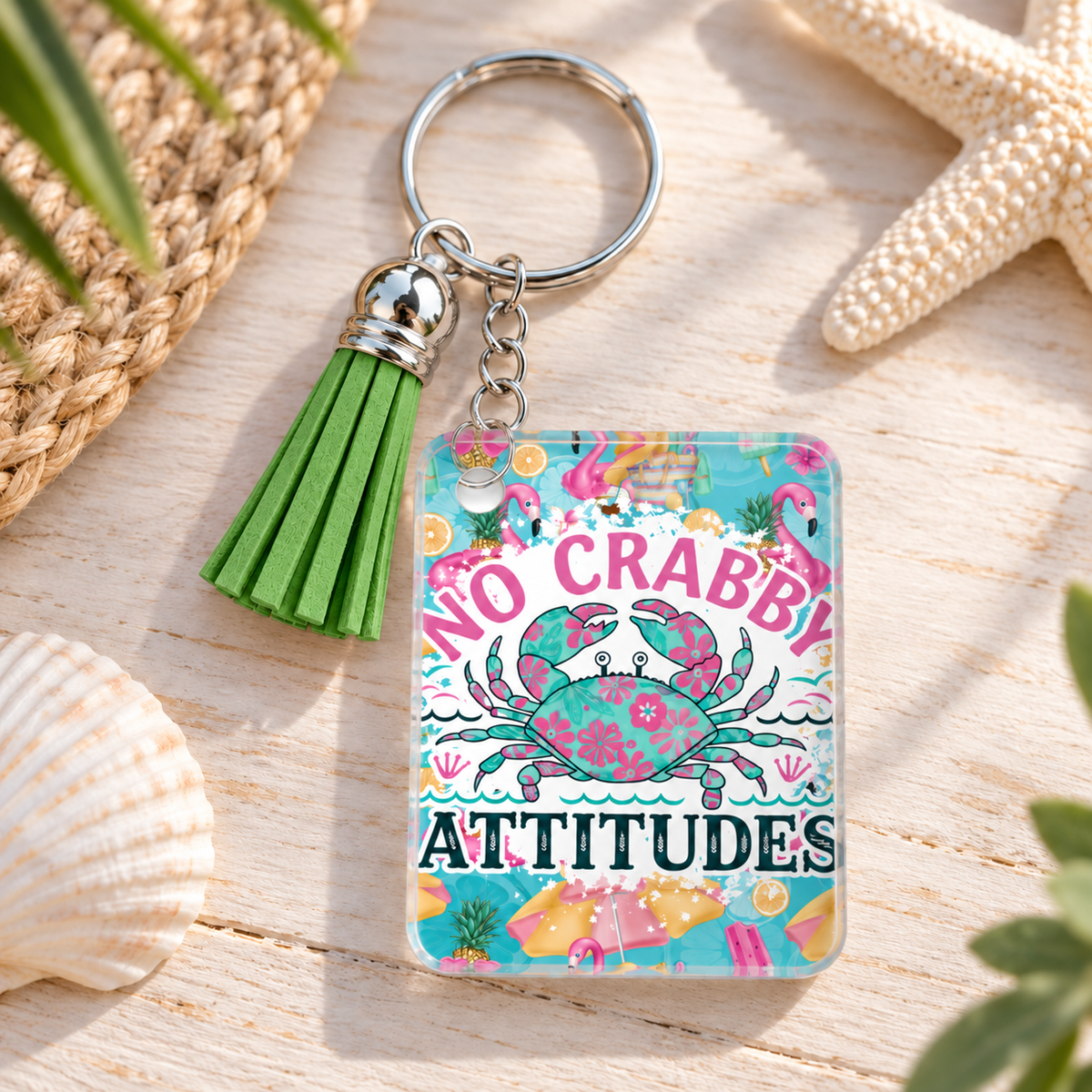 No Crabby Attitudes keychain with green tassel