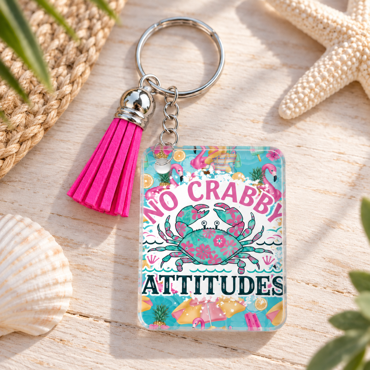 No Crabby Attitudes keychain with hot pink tassel