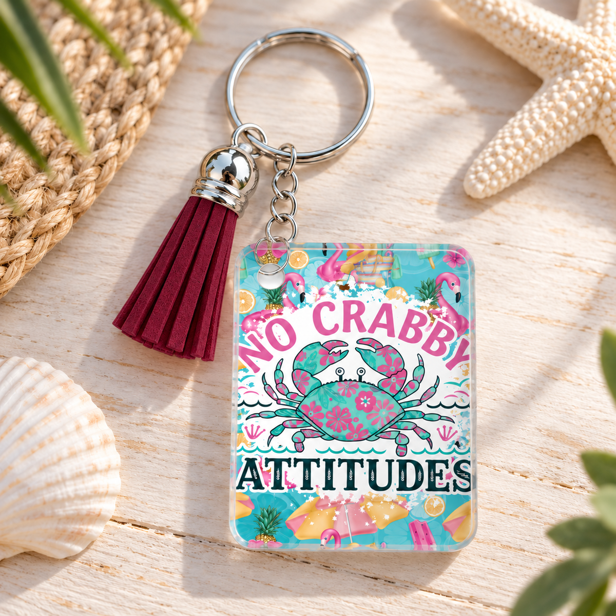 No Crabby Attitudes keychain with maroon tassel
