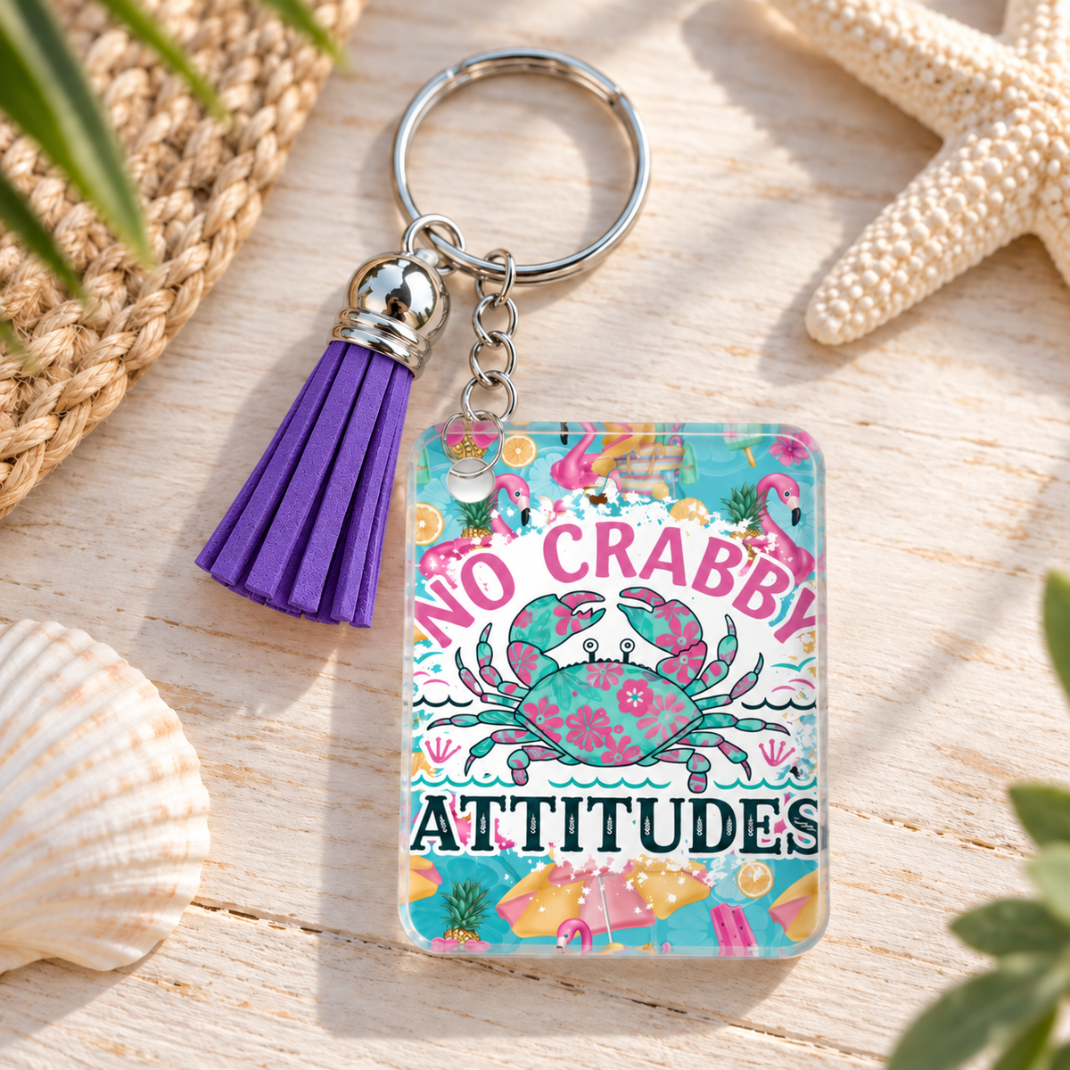 No Crabby Attitudes keychain with purple tassel