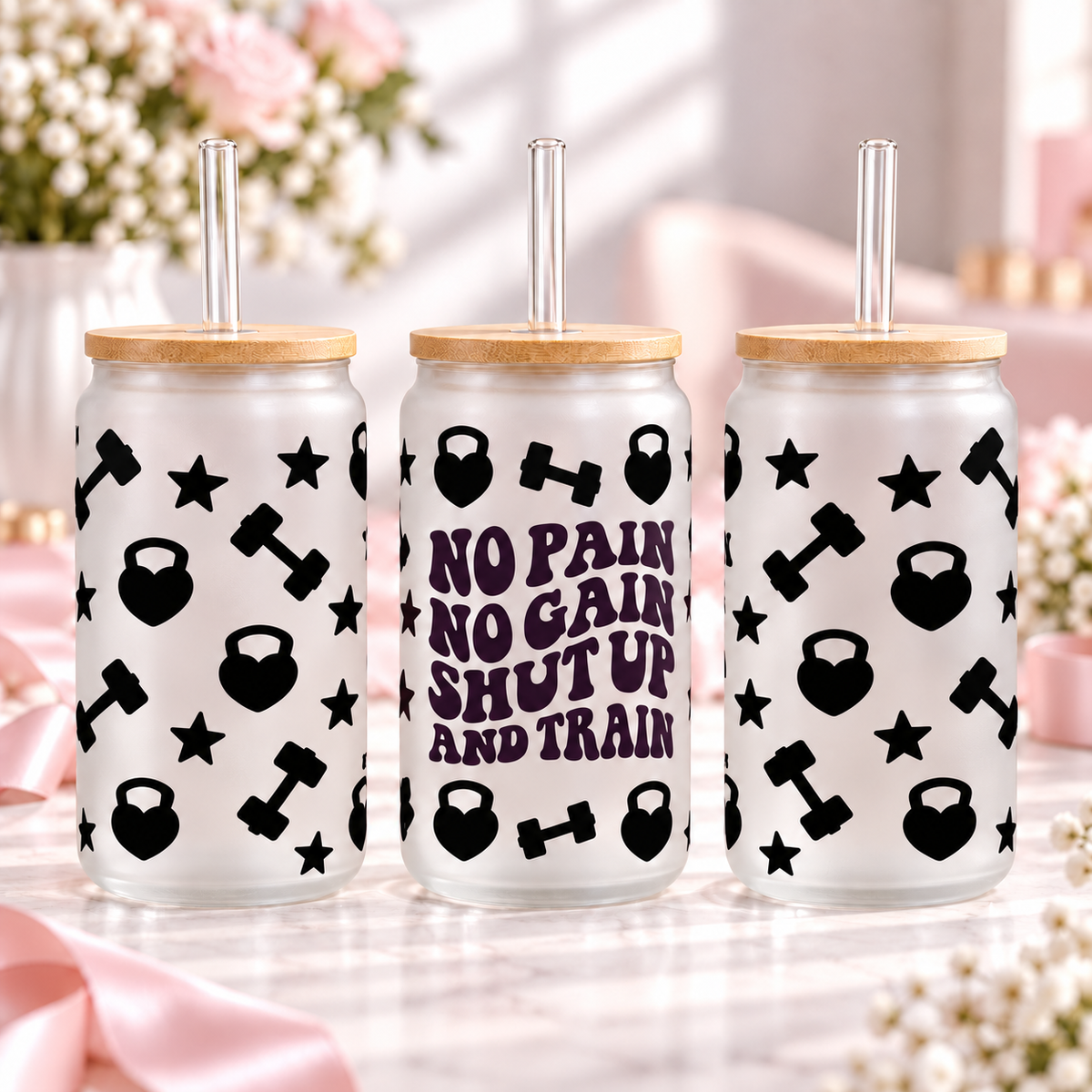 No Pain No Gain Gym Motivation frosted 16oz glass can — three views; listing includes one cup