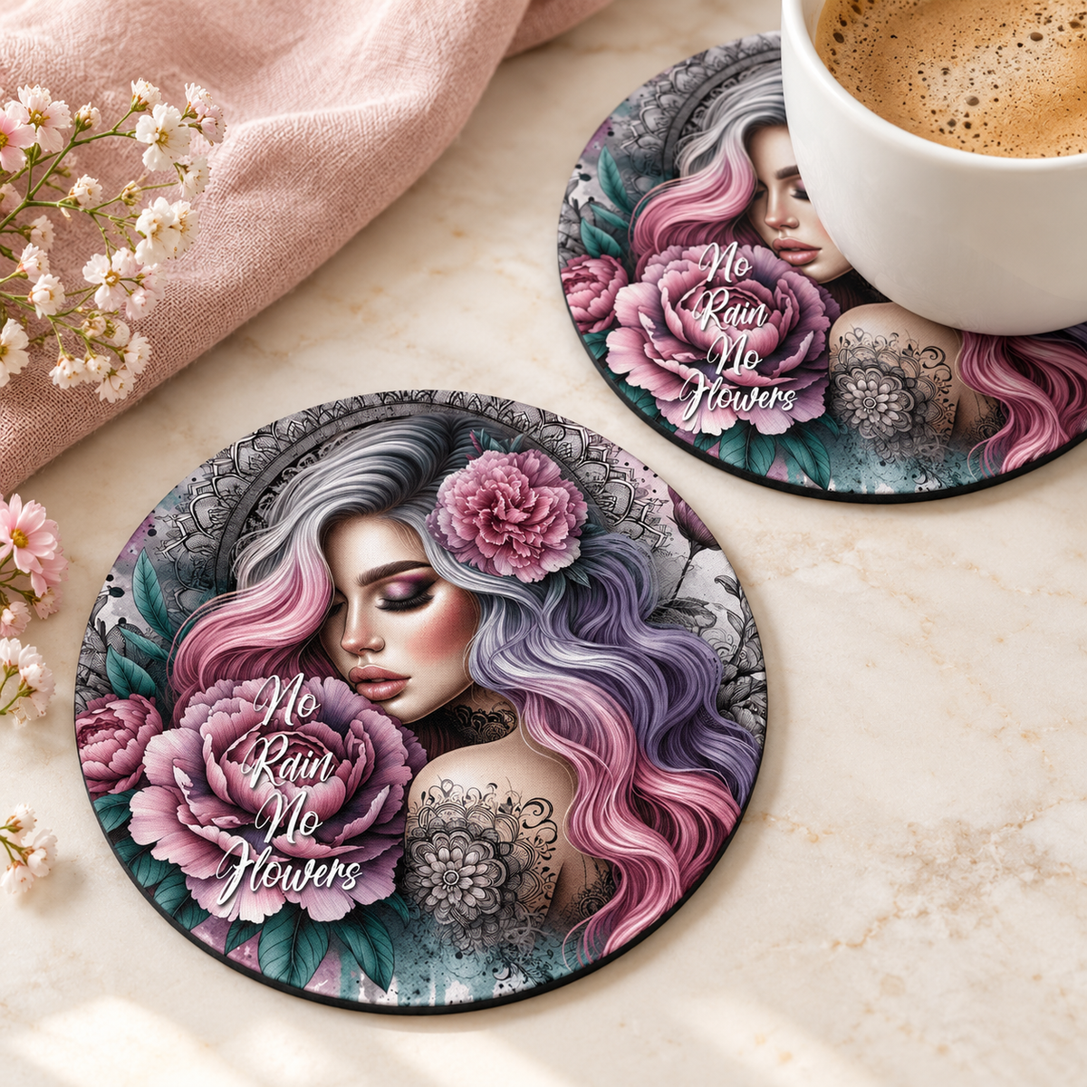 No Rain No Flowers Round coaster set of two with thin black rubber backing