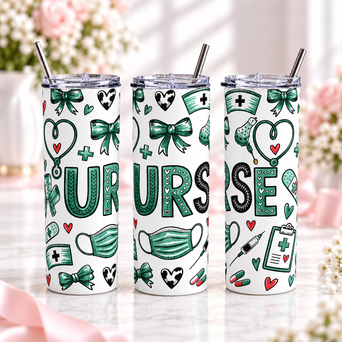 Nurse Life Medical Icons 20oz Skinny Tumbler — metal; complementary views of one product