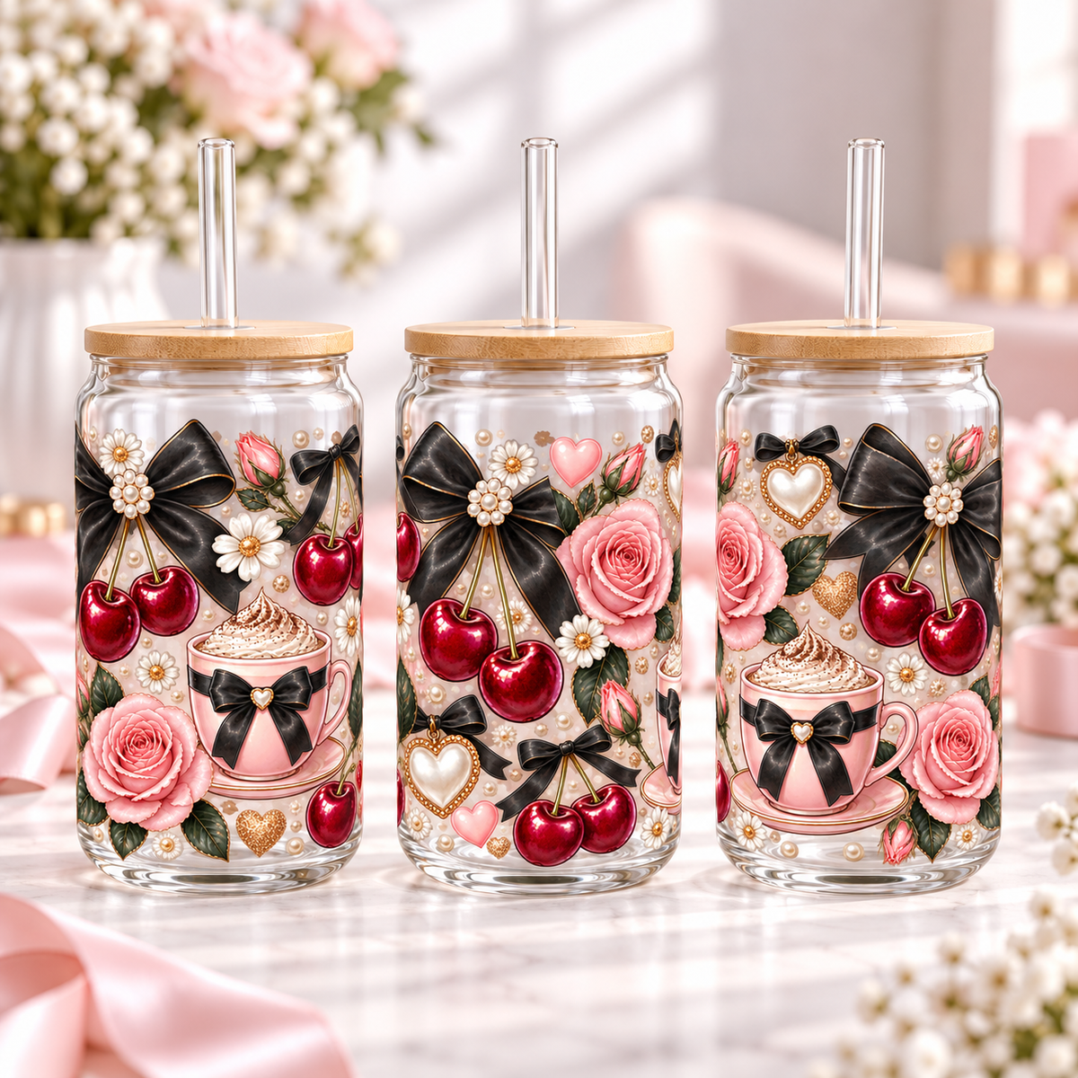 Black Bow Cherry Luxe clear 16oz glass can — three views; listing includes one cup