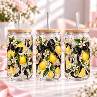 Black Bow Lemon Luxe clear 16oz glass can — three views; listing includes one cup