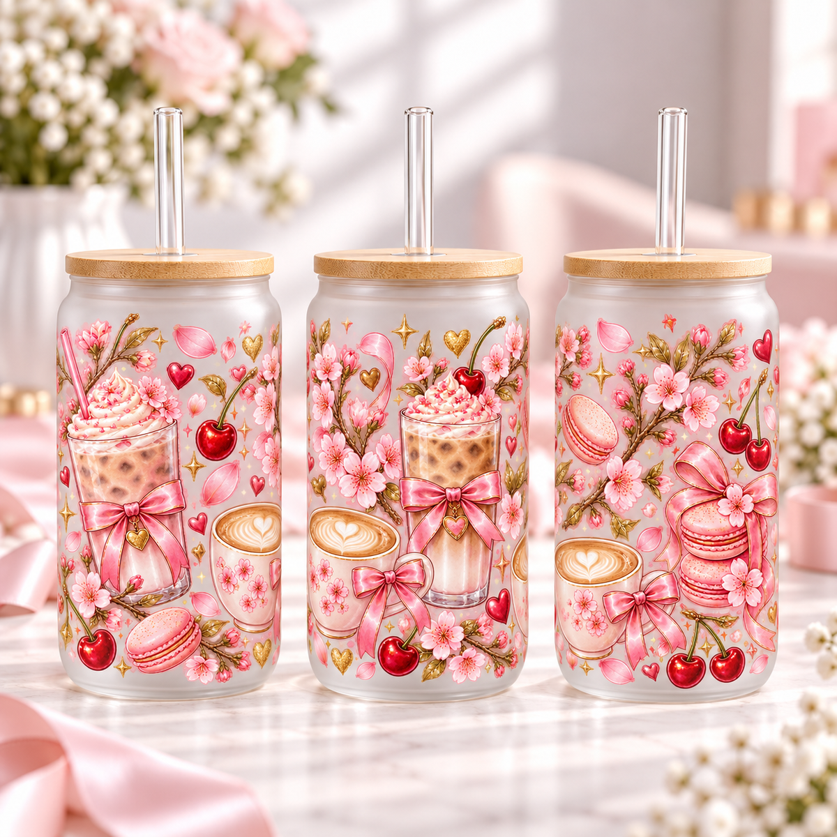 Cherry Blossom Latte frosted 16oz glass can — three views; listing includes one cup