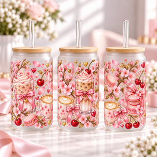 Cherry Blossom Latte frosted 16oz glass can — three views; listing includes one cup