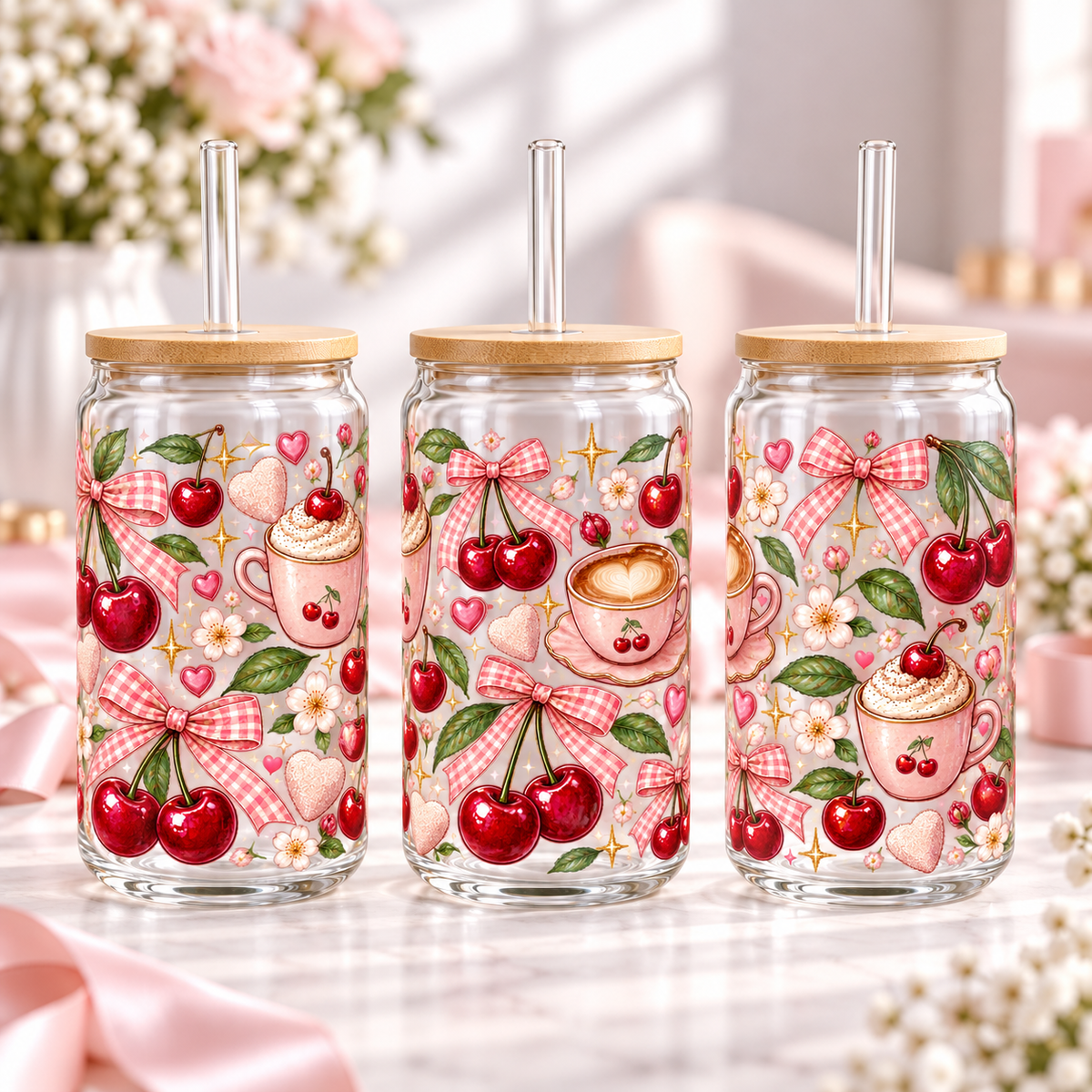 Cherry Bow Café clear 16oz glass can — three views; listing includes one cup