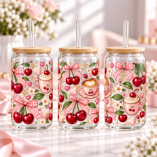 Cherry Bow Café clear 16oz glass can — three views; listing includes one cup