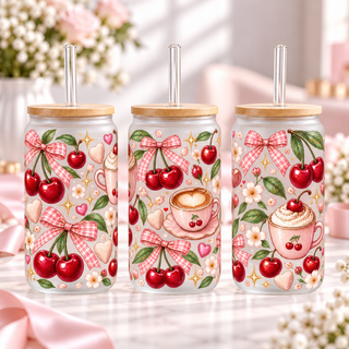 Cherry Bow Café frosted 16oz glass can — three views; listing includes one cup
