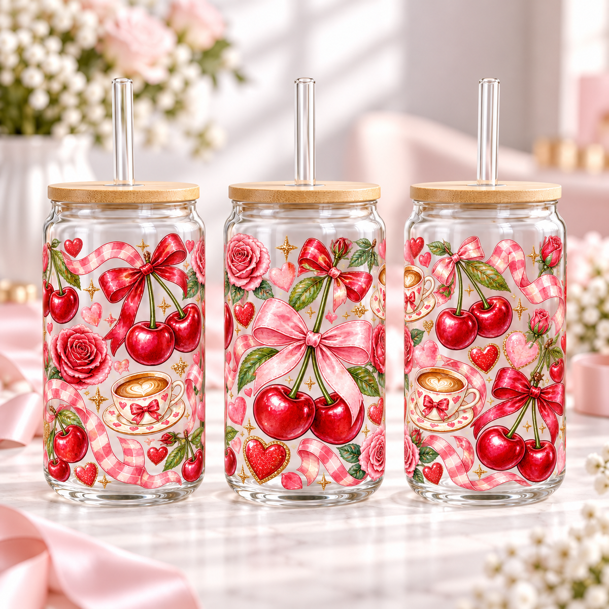 Cherry Coquette Checker clear 16oz glass can — three views; listing includes one cup