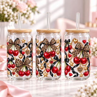 Cherry Leopard Glam clear 16oz glass can — three views; listing includes one cup