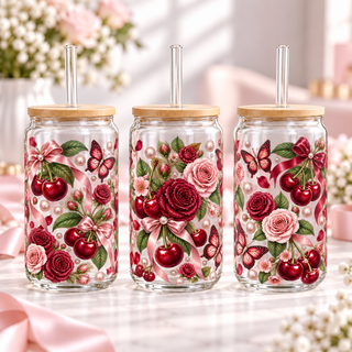 Cherry Rose Garden clear 16oz glass can — three views; listing includes one cup