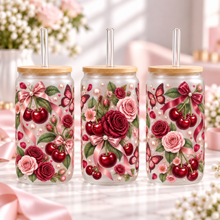 Cherry Rose Garden frosted 16oz glass can — three views; listing includes one cup