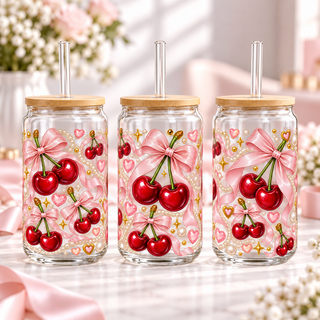 Classic Pink Cherry Coquette clear 16oz glass can — three views; listing includes one cup