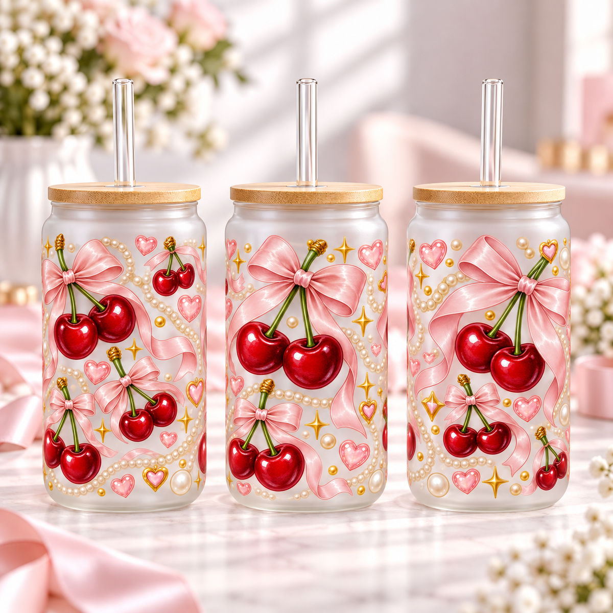 Classic Pink Cherry Coquette frosted 16oz glass can — three views; listing includes one cup