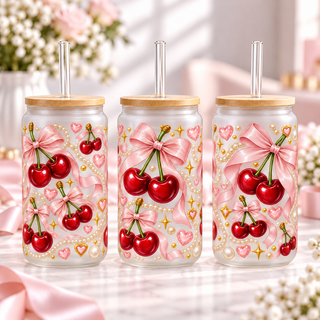 Classic Pink Cherry Coquette frosted 16oz glass can — three views; listing includes one cup